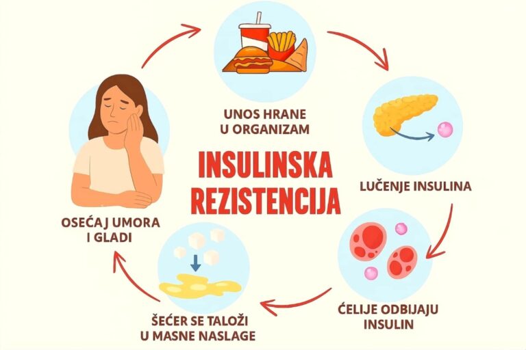 insulinska rezistencija zacaran krug na slici se prikazuje osecaj umora gladi, unos hrane, lucemnje insulina,celije koje odbijaju insulin,secer se talozi u celijama i pretvara se u masti