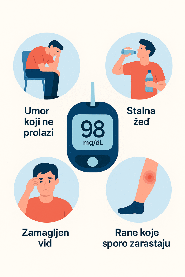 na slici su prikazani jedni od najcescih simptoma diabetesa. umor koji ne prolazi, stalna zeg,zamagljen vid i rane koje tesko zarastaju