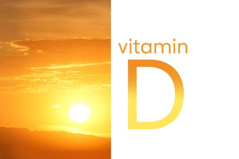 Ilustracija zalaska sunca sa natpisom Vitamin D – simbol prirodnog izvora vitamina D kroz sunčeve zrake.