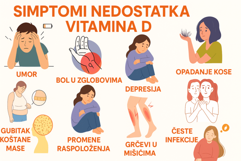 Infografika sa prikazanim simptomima nedostatka vitamina D: umor, bol u zglobovima, opadanje kose, gojaznost, depresija, promene raspoloženja, gubitak koštane mase, grčevi u mišićima i česte infekcije.