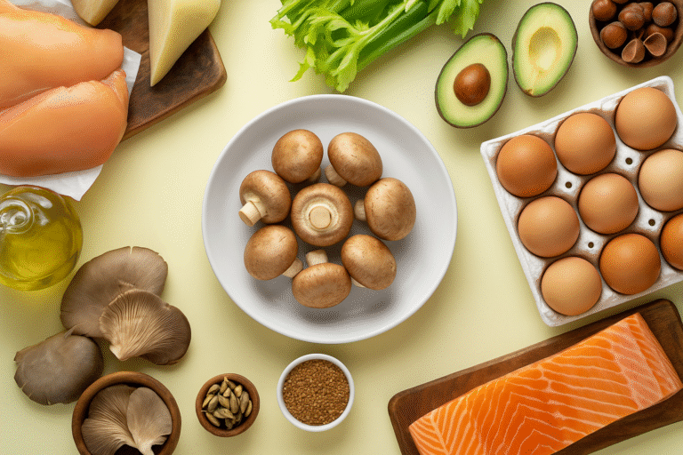 Fotografija hrane bogate vitaminom D: pečurke, losos, jaja, avokado, orašasti plodovi, sir i maslinovo ulje raspoređeni oko tanjira.