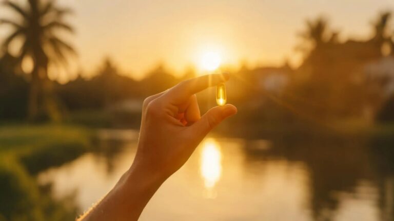 Ruka drži kapsulu vitamina D na zalasku sunca – simbol prirodnog izvora vitamina D
